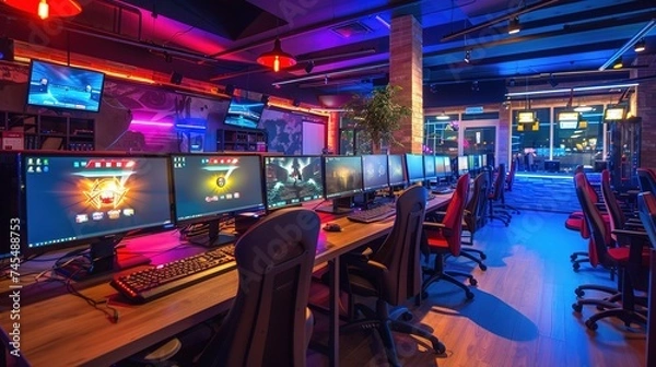 Fototapeta Internet cafe interior with modern computers. Video game tournament, generative ai