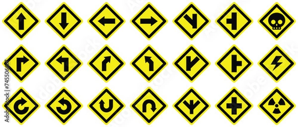 Fototapeta set curve u turn right left forward back yellow junction loop split road danger warning sign. exclamation, hazard sign symbol logo design for web mobile isolated white background illustration.