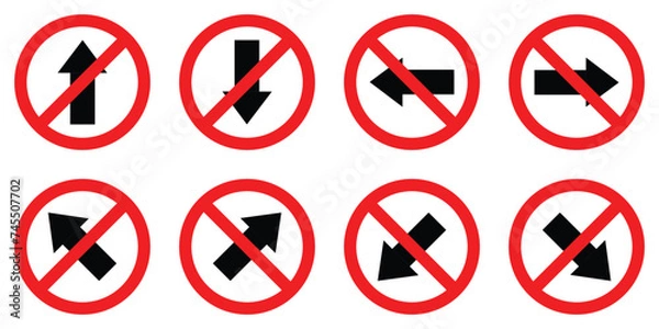 Fototapeta set keep right left straight ahead back arrow road traffic red prohibitory sign icon. warning primited cross road symbol logo design for web mobile isolated white background illustration.
