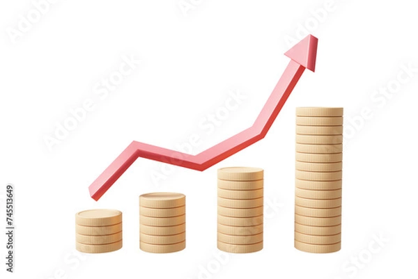 Obraz 3D rendered illustration of financial concepts depicting growth and development and investment with graph icons and stack of dollar gold coins isolated on transparent background. for business success