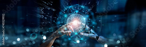 Obraz AI, Machine learning, Hands of robot and human touching on big data network connection background, Science and artificial intelligence technology, innovation and futuristic.