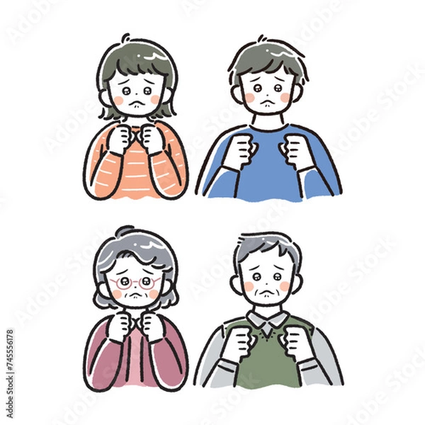 Fototapeta 太線タッチぴえん男女のイラスト(アイコン、若者、シニア、高齢者)