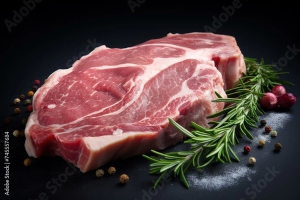 Fototapeta Uncooked Raw pork meat. Pig rib. Generate Ai