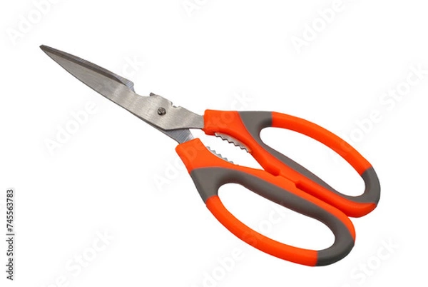 Fototapeta scissors with orange and grey plastic handle isolated on white background in png format