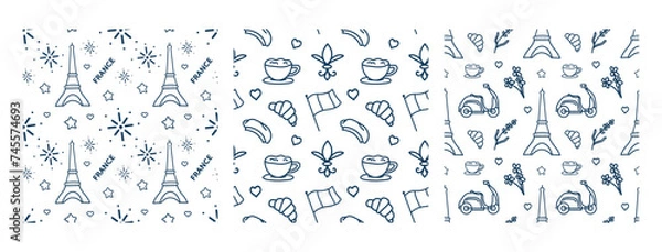 Fototapeta Set seamless pattern of symbols Paris. Travel  doodle Line Art vector Illustration. Hand Drawn.  For  background, card, invitation, pattern, social media. Isolated on white background.