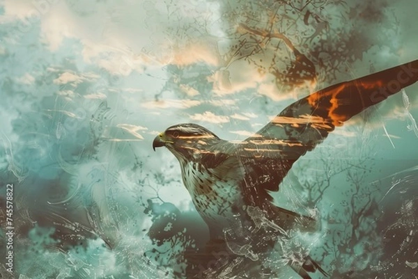 Obraz A bird of prey superimposed with the texture of a dramatic cloudy sky in a double exposure
