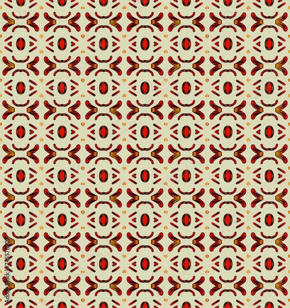 Fototapeta Seamless pattern of colored geometric elements on isolated beige background. Abstract colorful texture. Indian pattern