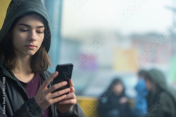 Fototapeta Close-up shot of a teenage girl scrolling social media on a mobile phone. Focus on the phone