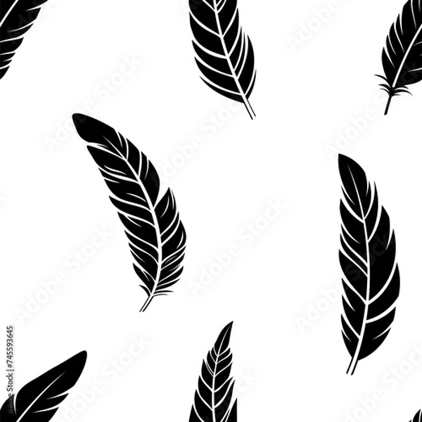Fototapeta Feathers silhouettes seamless vector pattern isolated on white background. Vector black and white flat design illustration. Bird feathers seamless pattern.
