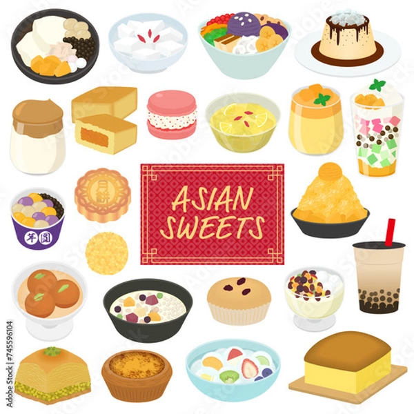 Obraz アジアンスイーツのイラストセット
