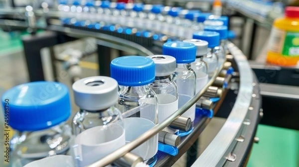 Obraz Medical transparent vials for injectables factory, medical manufacturing process, production line