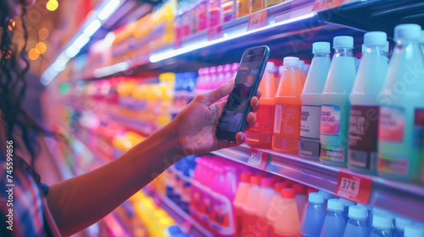 Fototapeta a close up on the hand with a smartphone scanning a barcode at grocery shelf capturing the moment in vibrant colors