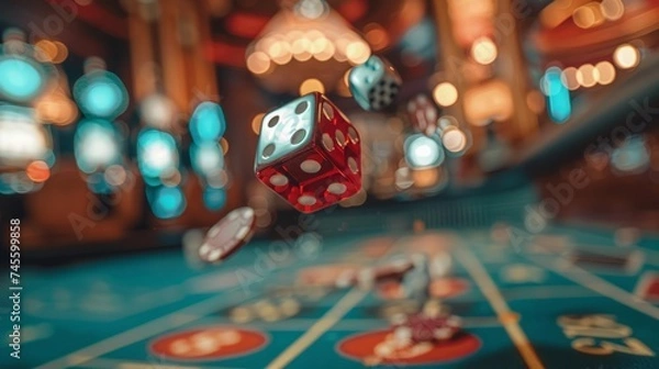 Obraz A close-up of a craps table with dice in mid-air, frozen in motion