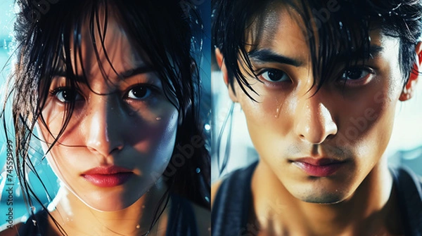 Obraz 筋トレに挑むアジア人男女の表情を捉えたコラージュ写真