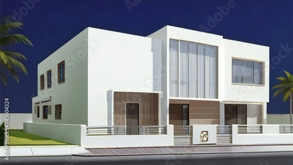 Fototapeta Modern apartment building country, Minimalistic 3D model of a modern home on a plain blue background. Concept for real estate or property