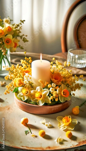 Fototapeta Composition with Scented Candle in  Bowl Surrounded by Yellow Daffodils Flowers and Spring Blossom Twigs.Celebration spring holiday Easter, Spring Equinox