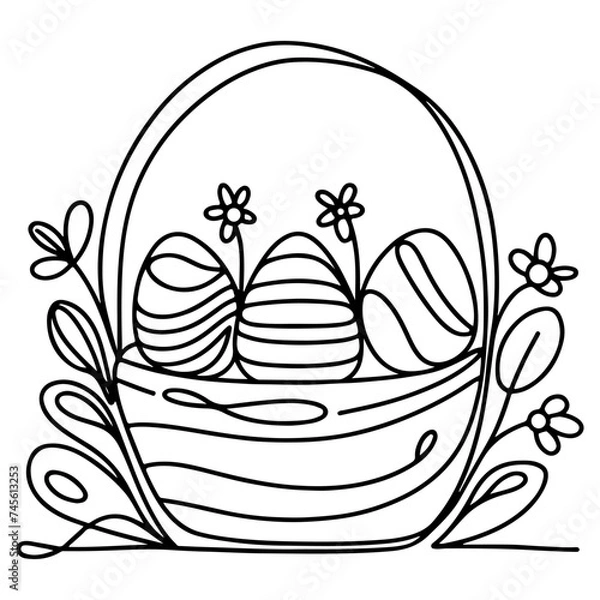 Fototapeta One continuous hand drawing black line basket easter eggs doodle decorated with Many different design for easter egg outline style vector