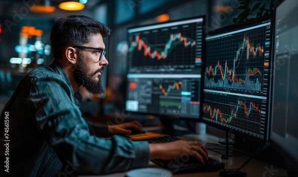 Fototapeta crypto, finance, business, market, technology, digital, exchange, money, chart, coin. crypto traders trading charts research reports growth looking at monitor analyzing, made with generative ai.