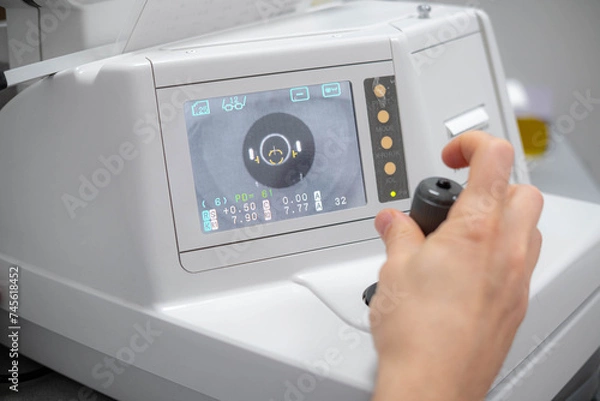Fototapeta ophthalmology, advanced ocular diagnostic technology in use at an eye clinic, displaying detailed eye measurements on high-tech screen