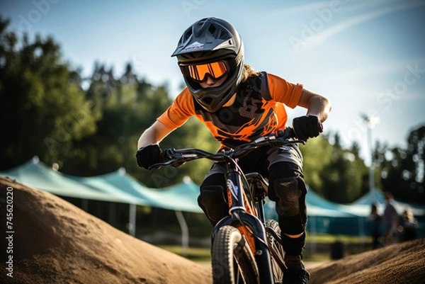 Fototapeta A teenager BMX Racing Rider performs tricks