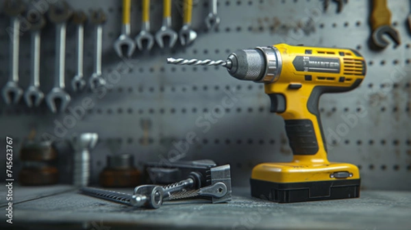 Fototapeta cordless yellow and black power drill standing upright with a drill bit attached, alongside two wrenches and two drill batteries on a textured dark background.