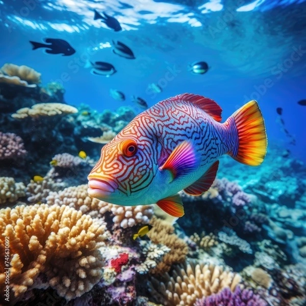 Obraz A large beautiful exotic fish swims underwater at the coral reef