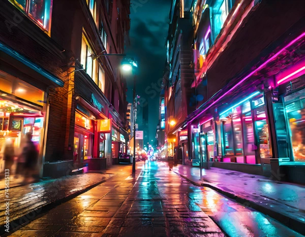 Fototapeta A city street illuminated by vibrant neon lights, showcasing the bustling nightlife on digital art concept.