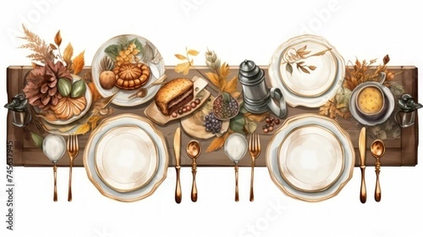 Fototapeta Generative AI Miniature digital sticker set depicting a lavish Thanksgiving dinner table with atmospheric watercolor hues, emphasizing bronze cutlery and white table settings in a cottagepunk style.