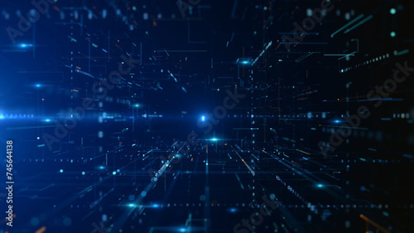 Fototapeta Deep blue cyber space with dynamic digital lines and dots, depicting high speed data transfer and network technology. 3d rendering