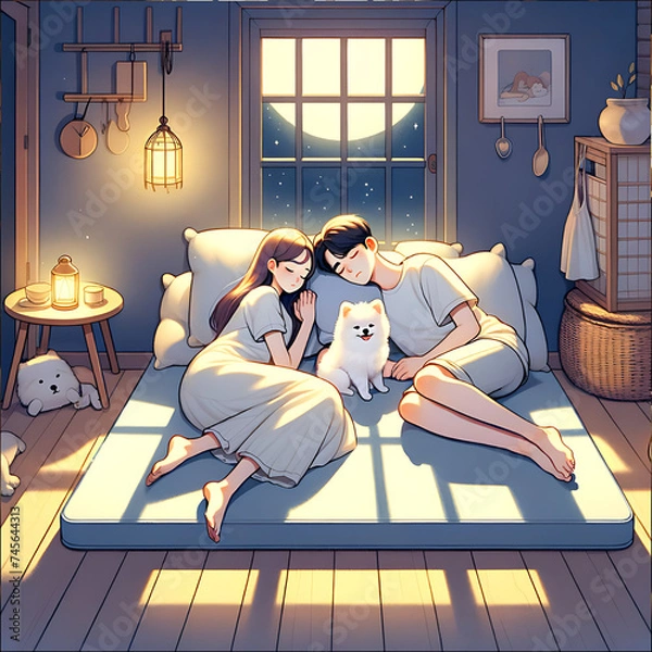 Obraz Illustration of a Korean couple sleeping comfortably and a white Pomeranian