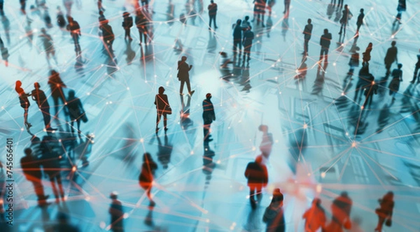 Fototapeta Group, people and crowd connected to wifi internet, big data and smart city. Silhouette, businesspeople and public network lines for communication, futuristic connection and marketing strategy