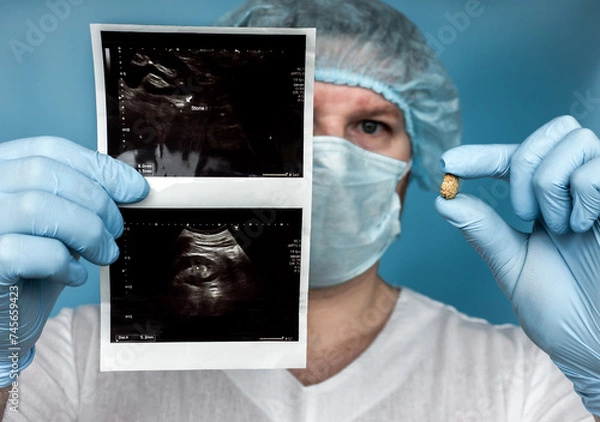 Obraz Concrement withdrawn from the kidney with an ultrasound in the doctor's hands. Human urolithiasis. Phosphate or oxalate kidney stone. Urologist surgeon demonstrates a kidney stone. Doctor 