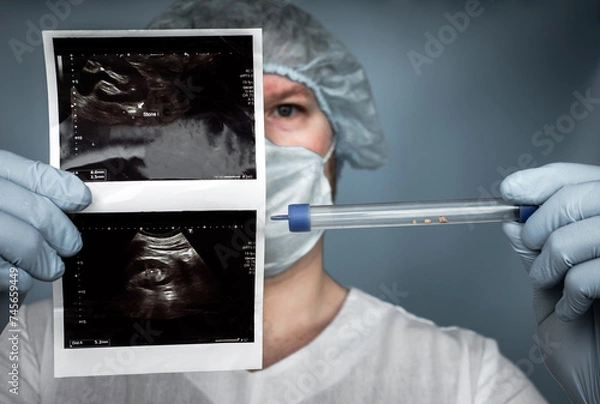 Obraz A calculus from a human kidney in a medical case, an ultrasound of the ureter in the doctor's hands. Human urolithiasis. Phosphate or oxalate kidney stone. Urologist surgeon a kidney stone