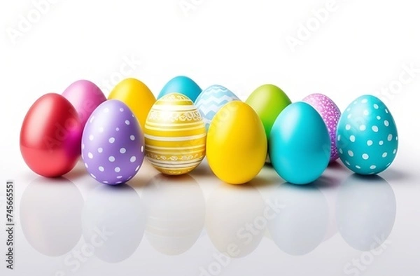 Fototapeta Easter eggs in a basket and on the table, white card, space for text