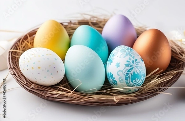 Fototapeta Easter eggs in a basket and on the table, white card, space for text