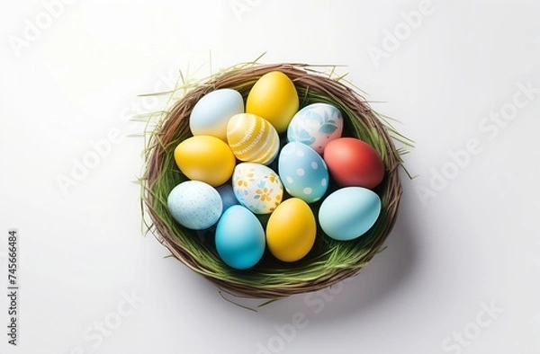 Fototapeta Easter eggs in a basket and on the table, white card, space for text