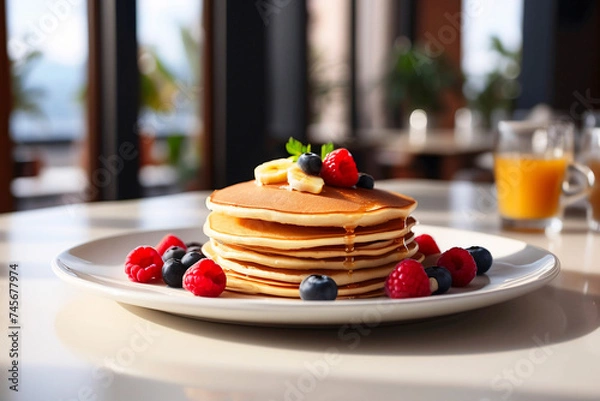 Fototapeta A delectable stack of pancakes topped with melting butter, blueberries, raspberries on a plate with syrup pouring