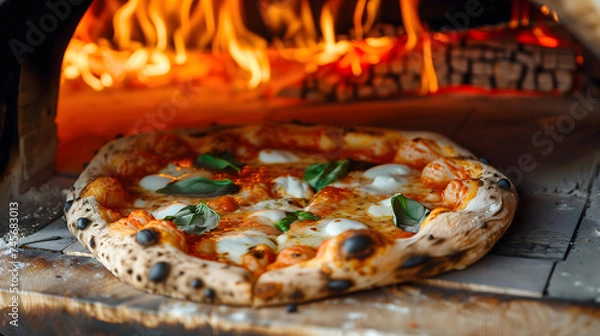 Fototapeta Wood fired homemade margherita pizza with cheese tomato and Italian basil out of oven.
