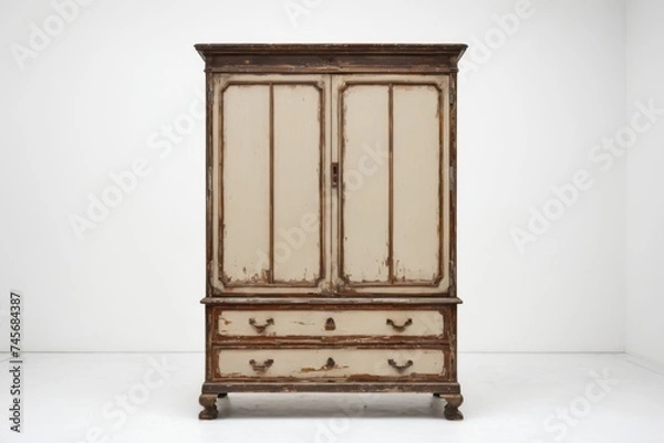 Fototapeta A vintage brown wooden cabinet with a closed door complements the warm interior design of the home