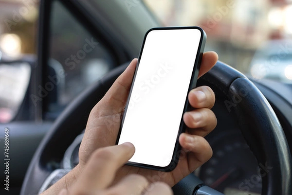 Fototapeta Man hand hold phone with isolated screen steering wheel car