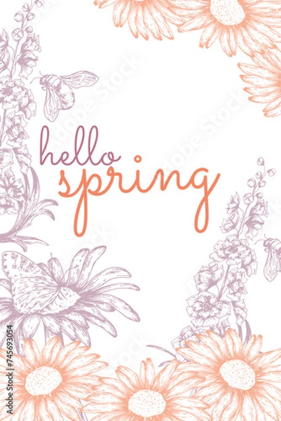 Fototapeta Vector floral illustration, postcard, poster with the inscription hello spring. A botanical postcard on a transparent background with hand-drawn elements.