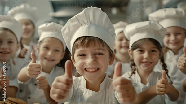 Fototapeta Group of children doing their dream job as Chief Cooks in the kitchen. Concept of Creativity, Happiness, Dream come true and Teamwork.