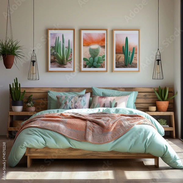 Fototapeta Boho Aesthetic bedroom, realistic photo, with wooden bed, cactus plants, sunlight coming from window, turquoise and pink pillows, hanging lights, 3 photo frames of cactuses, neutral linen sheets