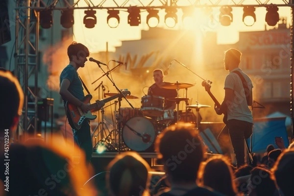 Fototapeta Band plays on stage at sunset with crowd in foreground and cityscape behind