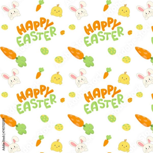 Obraz Happy Easter pattern with hare, chicken, carrots, eggs, paints