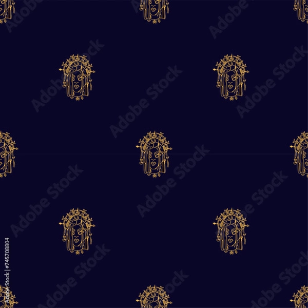 Fototapeta Seamless pattern Mystery girl with amulets and crown Hand draw boho fantasy art for textile or t-shirt