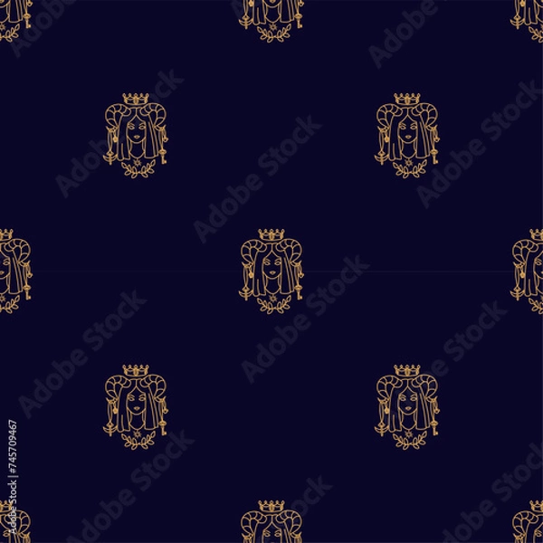 Fototapeta Seamless pattern Girl with horns and crown Hand draw boho fantasy art for textile or t-shirt