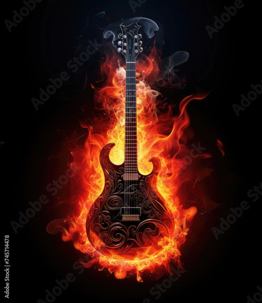 Obraz Guitar Engulfed in Flames on Black Background