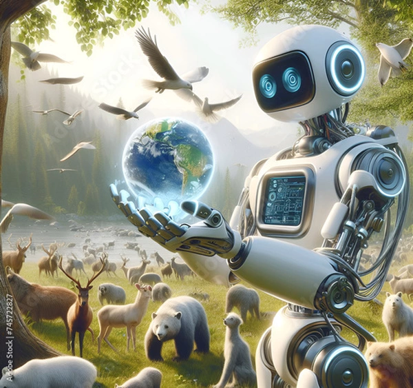 Fototapeta Robots guarding endangered species in future 