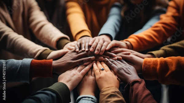 Obraz Diverse hands joined in solidarity and teamwork. Generative AI.